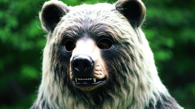 Person wearing realistic brown bear mask in green forest