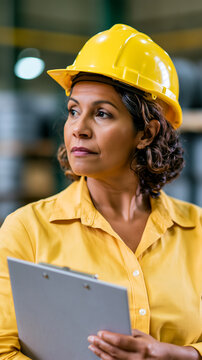 Female shipbuilder portrait, helmet, clipboard, focused checking, shipyard workshop, gender equality, skilled workforce, maritime industry career concept.