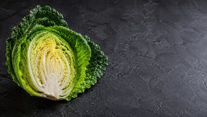 Obraz premium Half Head of Savoy Cabbage Displayed on Dark Textured Surface