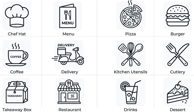 Restaurant Menu Icons Black Line Style On White Background