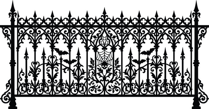 Spooky halloween iron gate with bats spider web and skull gothic fence for haunted house decor