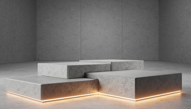 Clean industrial Brutalist 3D product stage with concrete blocks and warm LED light
