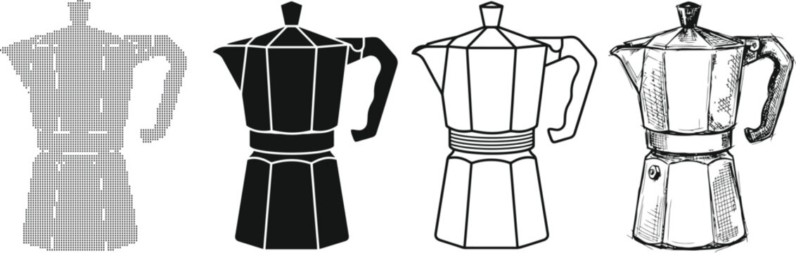 Collection of classic Italian moka pot coffee makers in various artistic styles for brewing delicious espresso beverage