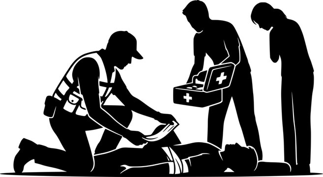 First aid rescue silhouette illustration showing medical assistance with injured person isolated on white background
