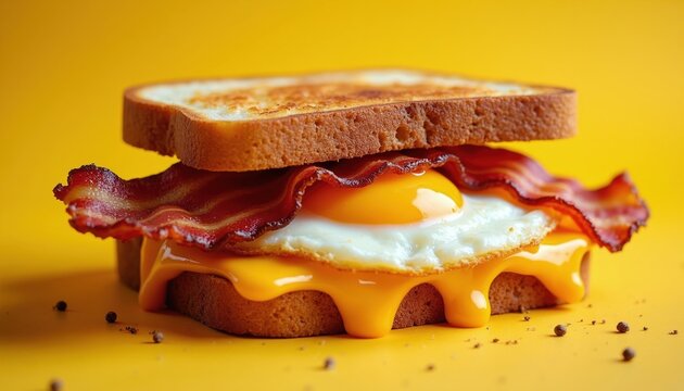 Hearty breakfast sandwich with fried egg, bacon strips, and melted cheese. Toasted bread forms the base of this delicious, protein-rich morning meal, presented on a bright yellow.