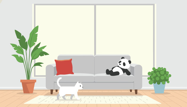 Cozy living room interior featuring a comfortable sofa with a red pillow and a panda stuffed toy alongside a cute white cat.