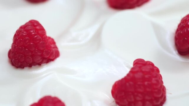 Fresh raspberry on creamy yogurt surface macro minimal composition, copy space