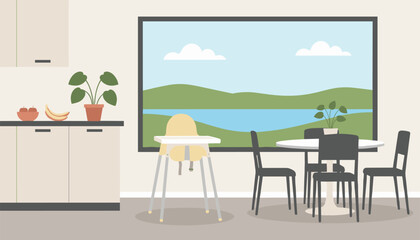 Obraz premium Modern cozy kitchen dining area with a high chair and a view of rolling green hills through a large window for a peaceful home scene.