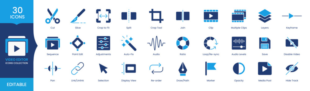 Video Editor Icons Set, Video Editing, Multimedia, Film Production, UI, Editable Vector Collection