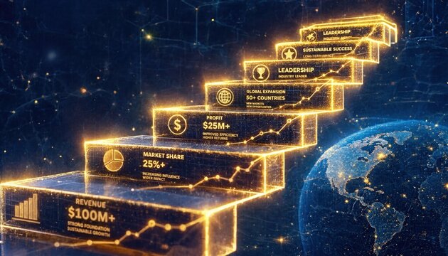 Glowing Golden Staircase of Financial Charts Representing Business Growth &ndash; 8K Economic Progress