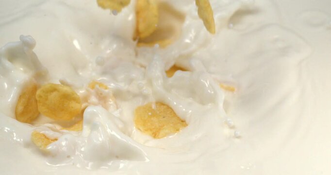 Corn flakes falling into milk with splash in super slow motion 1000 fps