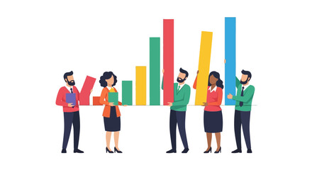 Fototapeta premium Diverse Business Team Building a Growing Bar Chart for Financial Success and Data Analysis - Flat Vector Illustration