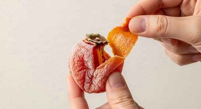 A person's hands peeling a dried persimmon, revealing its vibrant orange flesh and textured skin, perfect for a healthy, sweet snack.