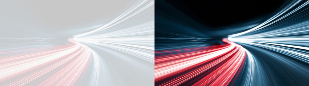 Abstract transparent png of dynamic glowing light streaks in blue and red with motion blur effect and speed acceleration overlay for futuristic energy and technology design neon streak background ray
