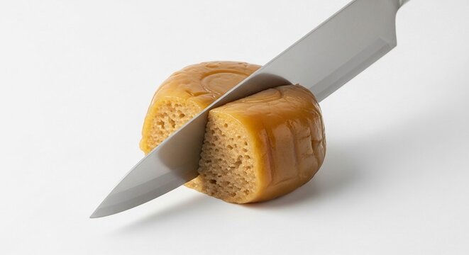 A Shiny Nian Gao Cake Being Sliced by a Knife on a White Surface