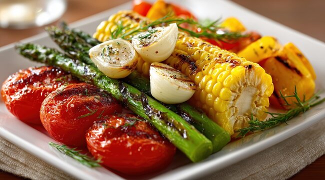Grilled corn asparagus tomatoes and garlic arranged on elegant plate with soft daylight and blurred dining background creating colorful vegetarian dish Concept of healthy eating