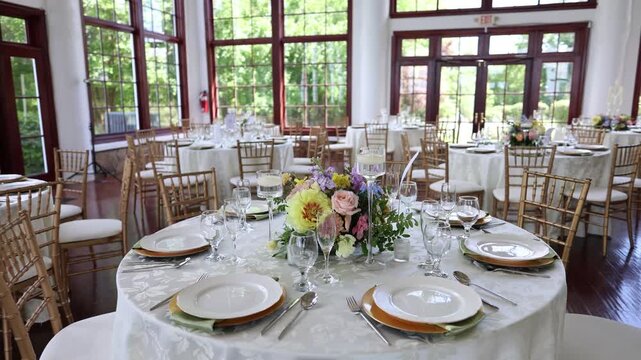 Elegant wedding reception hall with decorated tables
