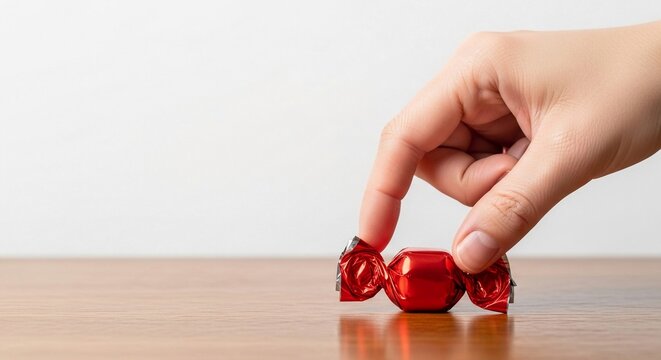 Hand reaches for a single, shiny red wrapped candy on a wooden surface