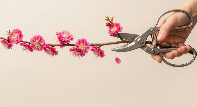 Scissors trim delicate pink plum blossoms from a flowering branch, symbolizing spring renewal and horticultural care.