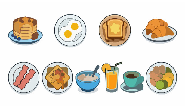 Breakfast Food Icon Collection with Pancakes Fried Egg Toast and Morning Meal Elements Vector Set