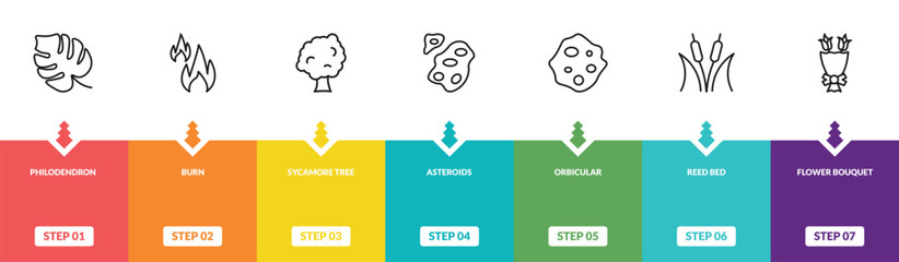 outline nature icons set - philodendron, burn, sycamore tree, flower bouquet. editable vector for web and mobile ui © IconArt