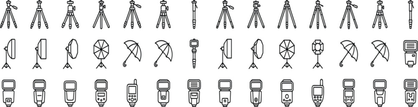 Minimalist Photo Studio Lighting and Support Equipment Line Icon Set featuring Camera Tripods Monopods Softboxes Umbrellas Speedlights Flash Units and Photography Vector Graphic Elements