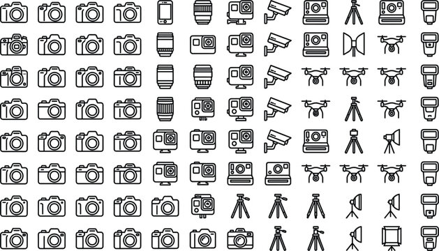 Minimalist Photography Line Icon Bundle with DSLR Cameras Action Cams Lenses CCTV Security Drones Tripods Studio Softboxes Flash Speedlights and Video Vector Design Elements