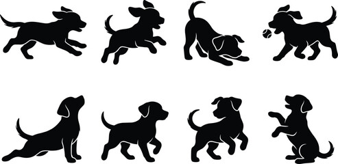 Playful Puppy Dog Silhouette Set with Cute Pet Poses and Activities Vector Collection © MstShahida