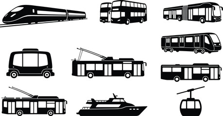 Public transportation silhouette collection featuring trains buses ferry cable car and transit vehicles © MstShahida