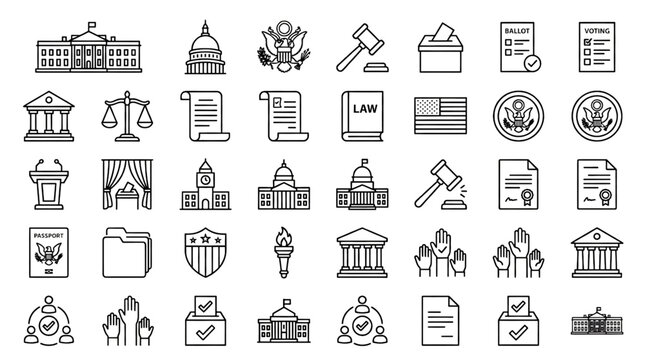 US Government Outline Icon Set with Capitol Dome Eagle Gavel Voting and Civic Administration Vector Collection