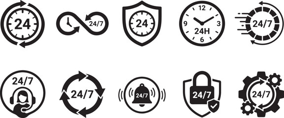Fototapeta premium 24/7 Customer Service and Non-Stop Support Icon Set, Black and White Vector Symbols
