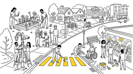 Obraz premium Busy urban street scene with pedestrians and cyclists in a community.