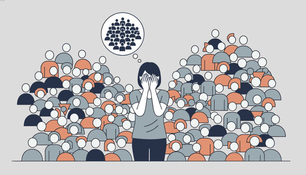 Woman standing in the middle of a large crowd while covering her face, illustrating feelings of anxiety, overwhelming stress, or social pressure.
