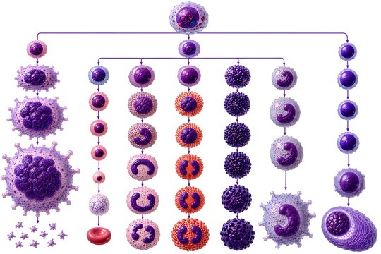 Hematopoiesis Blood Cell Differentiation Pathway Medical Illustration on White Background