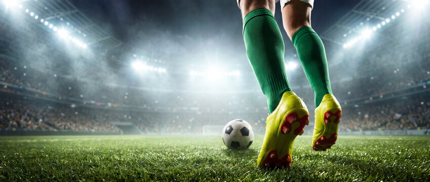 Professional soccer player in cleats preparing to kick ball on illuminated stadium