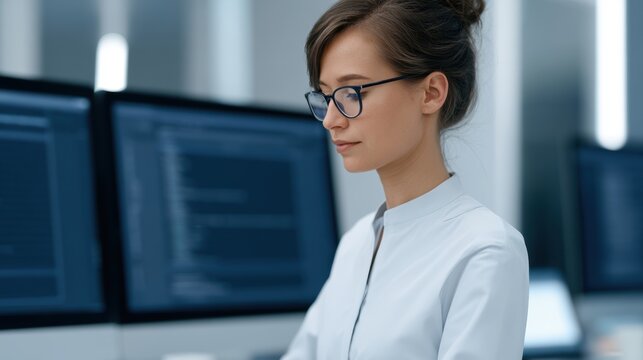 Businesswoman using AI prompt generation interfaces on multiple devices to create content and optimize creative workflows efficiently