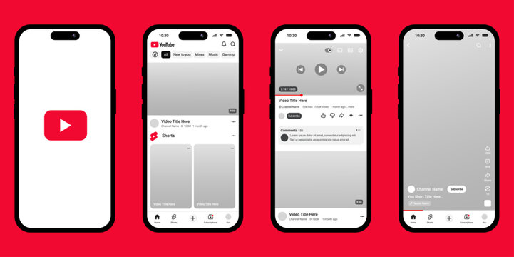 YouTube Mobile App Interface Mockup Smartphone Screen UI Kit, Video Streaming Social Media Application Display Vector Template