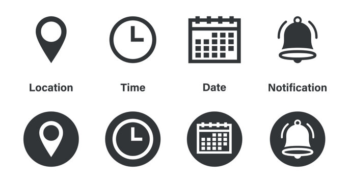 Location Time Date And Notification Icons Flat Pictograms