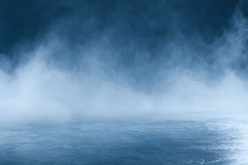 Naklejka premium Dense white ground fog creeping across a reflective floor, cinematic mist texture, isolated atmosphere effect