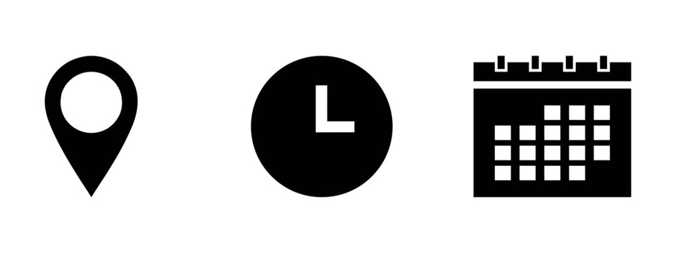 Location Time And Calendar Icons Flat Silhouette Style