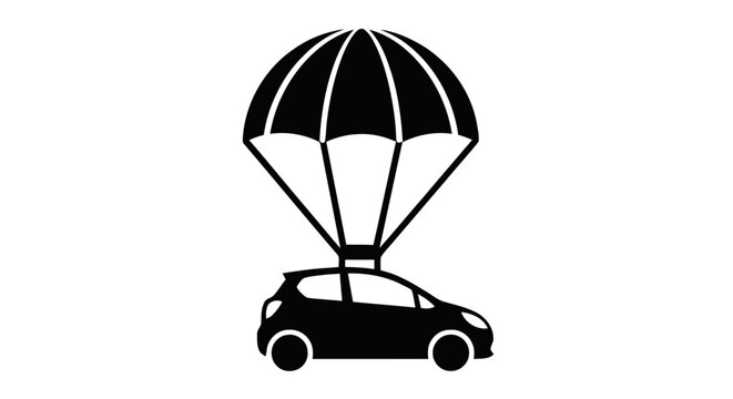 Vector illustration of vector icon of a car with a parachute attached, representing car delivery on a transparent background