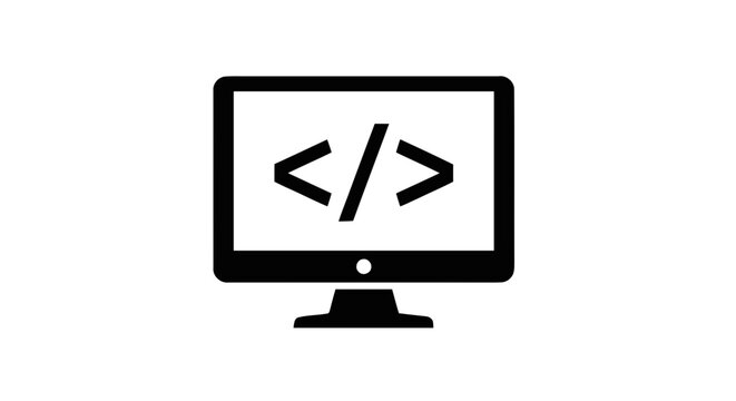 Vector illustration of computer monitor icon with code symbol on screen on a transparent background