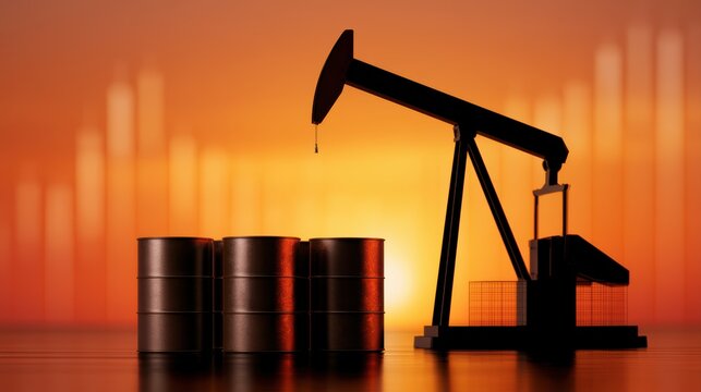 Pumpjack and oil barrels with sunset stock chart overlay for energy analysis