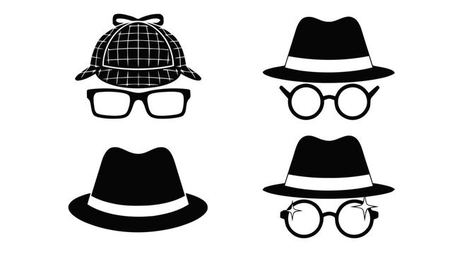 Vector illustration of set of detective hats and glasses icons on a transparent background
