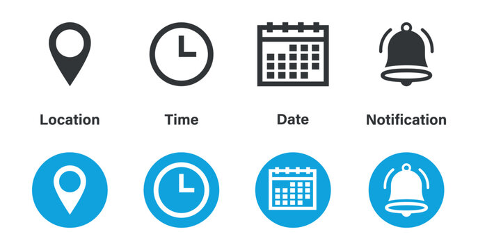 Location Time Date And Notification Icons Flat Pictograms