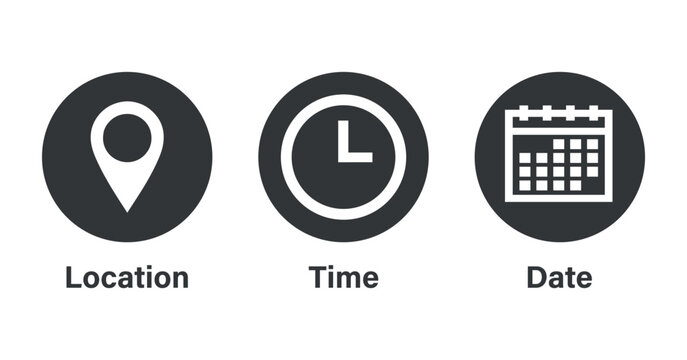 Location Time And Date Icons In Circular Pictograms
