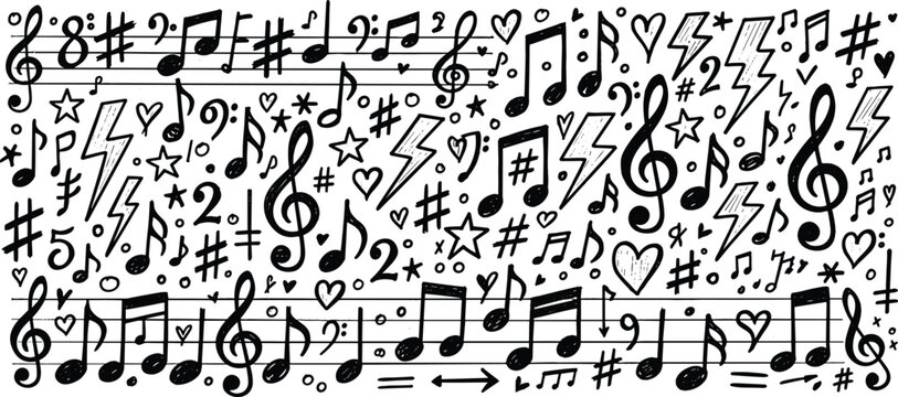 Musical notes and symbols on sheet music. Music notes patterns. 
