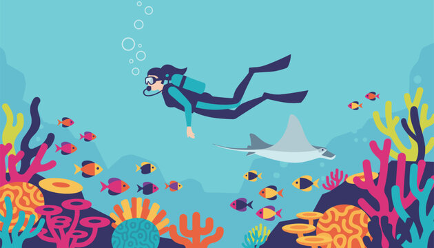 Scuba diver swimming underwater among colorful coral reefs and various tropical fish in a serene deep sea environment.