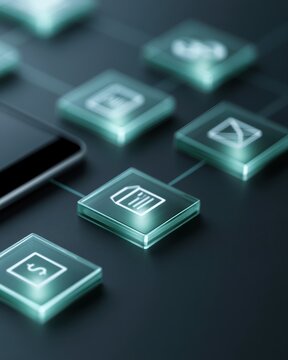 Mobile banking innovation platform visualized through glowing financial icons and seamless customer experience design