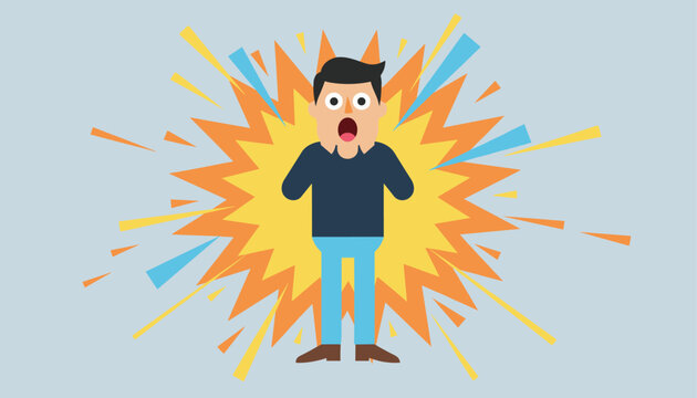 Man appearing shocked and surprised with his mouth open while standing in front of a colorful abstract burst representing an exciting event.